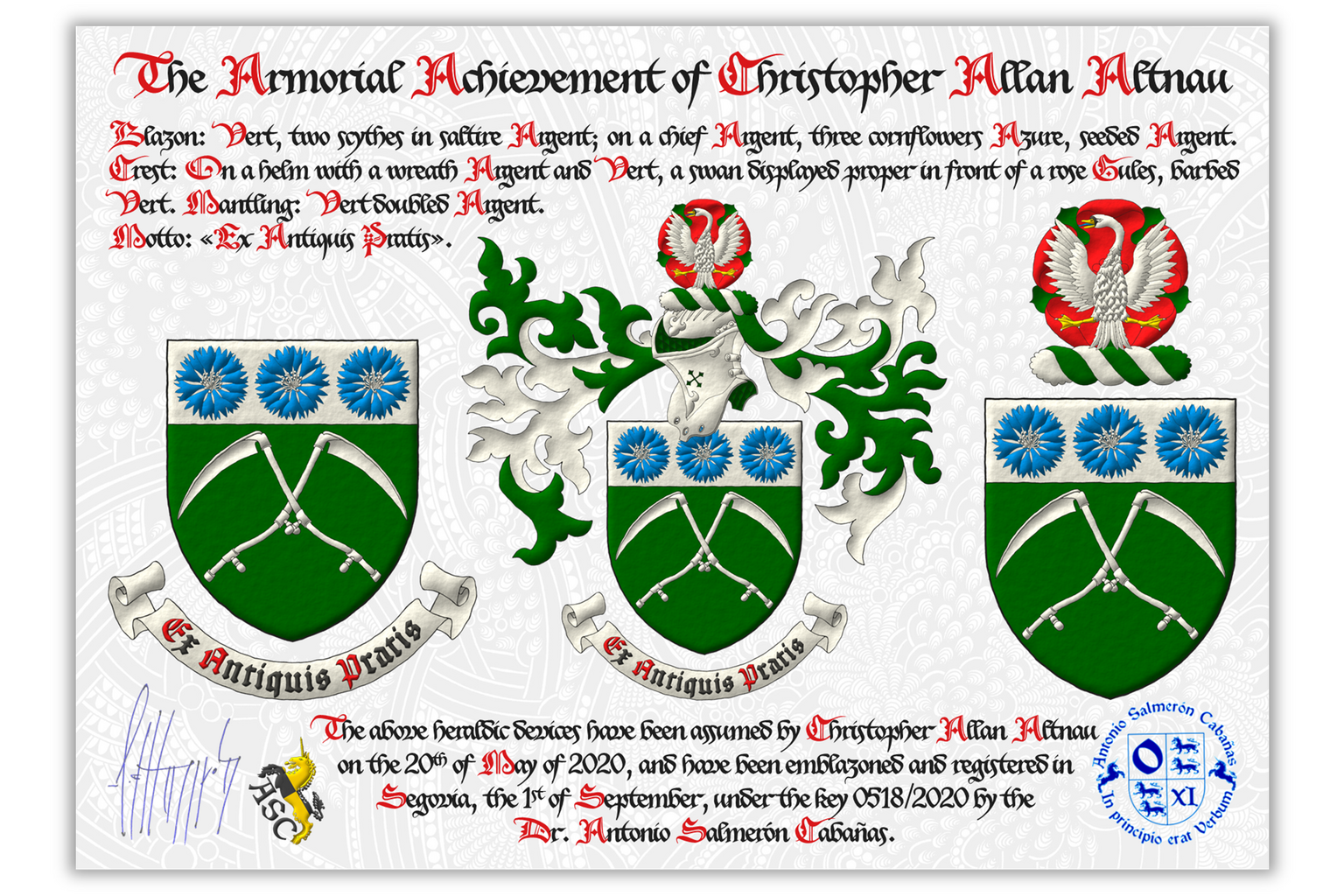 Heraldic document for the coat of arms of Christopher Altnau. His coat of arms has been designed by him, and the heraldic document has been emblazoned, signed, sealed and dated by me.