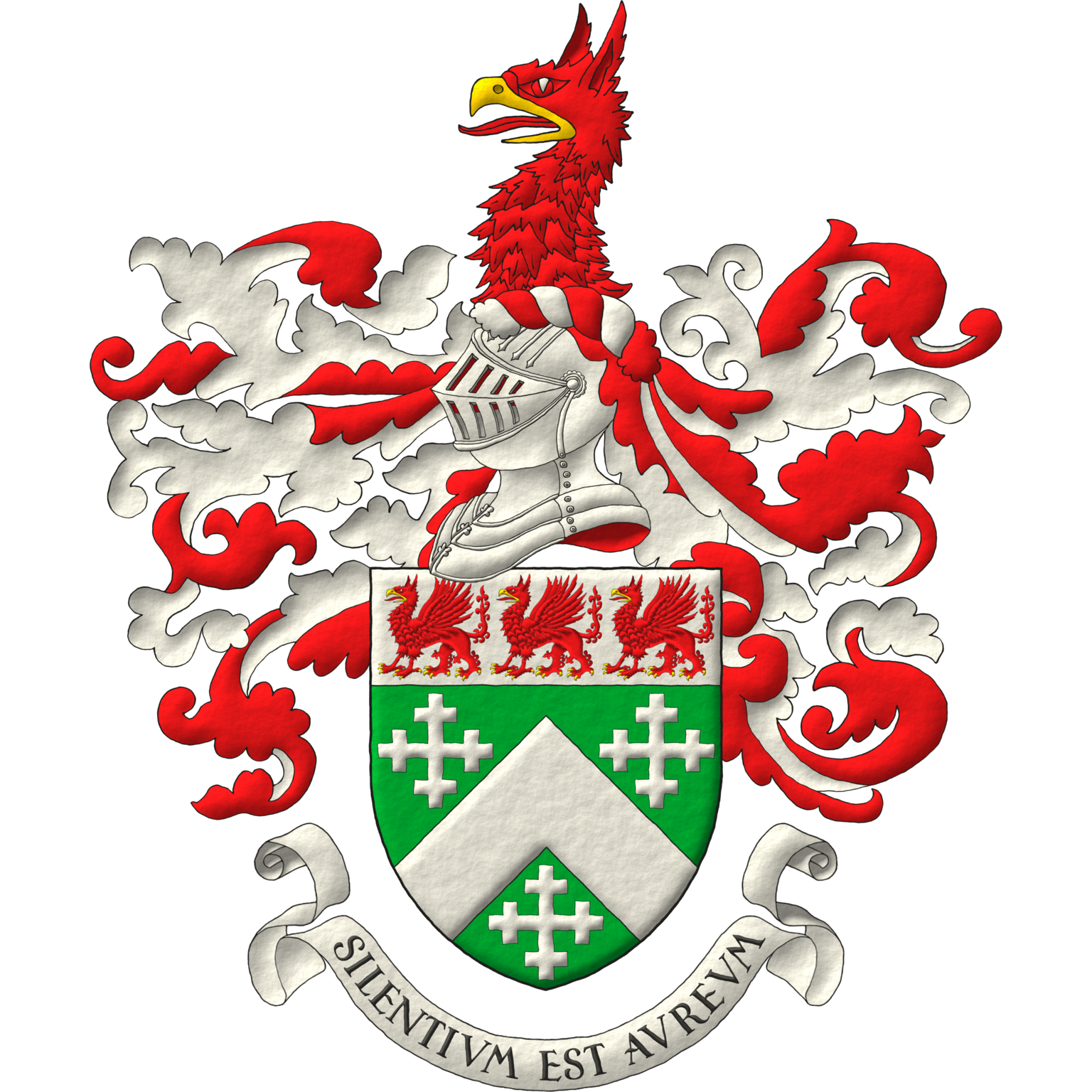 Vert, a chevron between three cross-crosslets; on a chief Argent, three griffins statant Gules, beaked and armed Or. Crest: Upon a helm with a wreath Argent and Gules, a griffin's head couped Gules, beaked Or. Mantling: Gules doubled Argent. Motto: «Silentium est aureum».