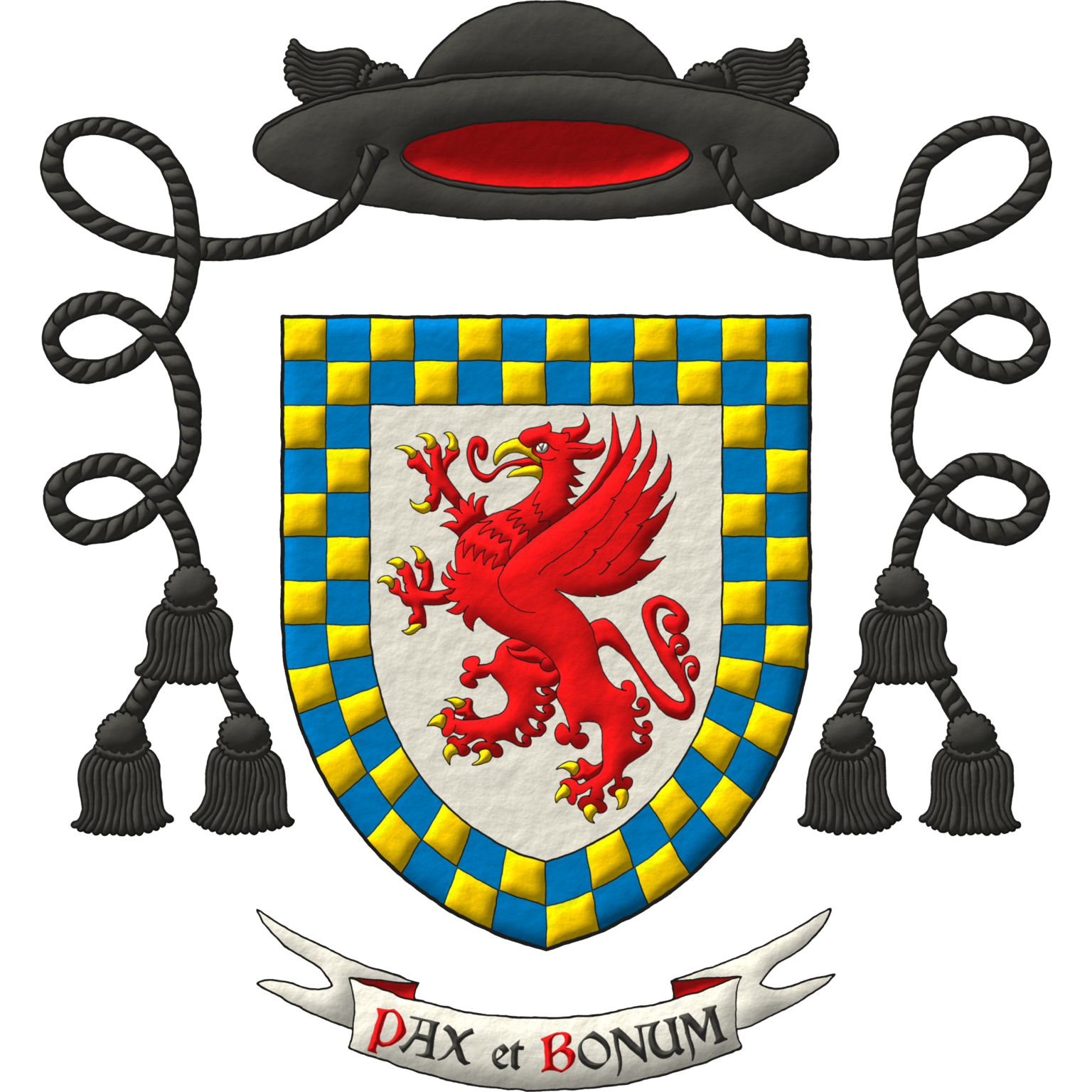 Argent, a griffin segreant Gules, armed and beaked Or; a bordure compony counter-compony Or and Azure. Crest: A galero with the rank of Episcopal Vicar with two cords, one on each side, each with three tassels, 1 and 2, Sable. Motto: «Pax et Bonum».