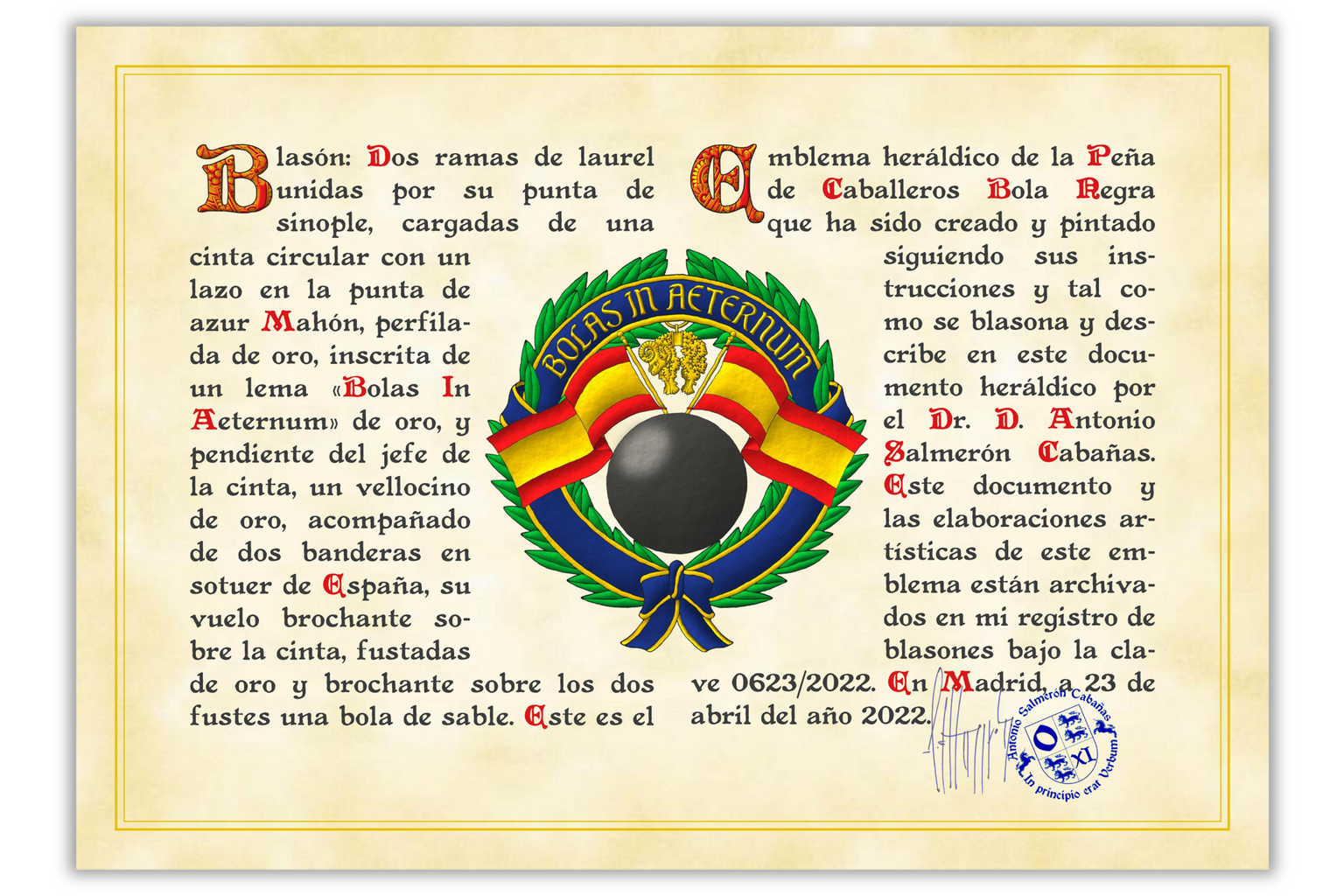 Heraldic document for the emblem of the eight-ball club called «Bola Negra» designed by Jaime Sanchez and its members and both, document and emblem, emblazoned by me.