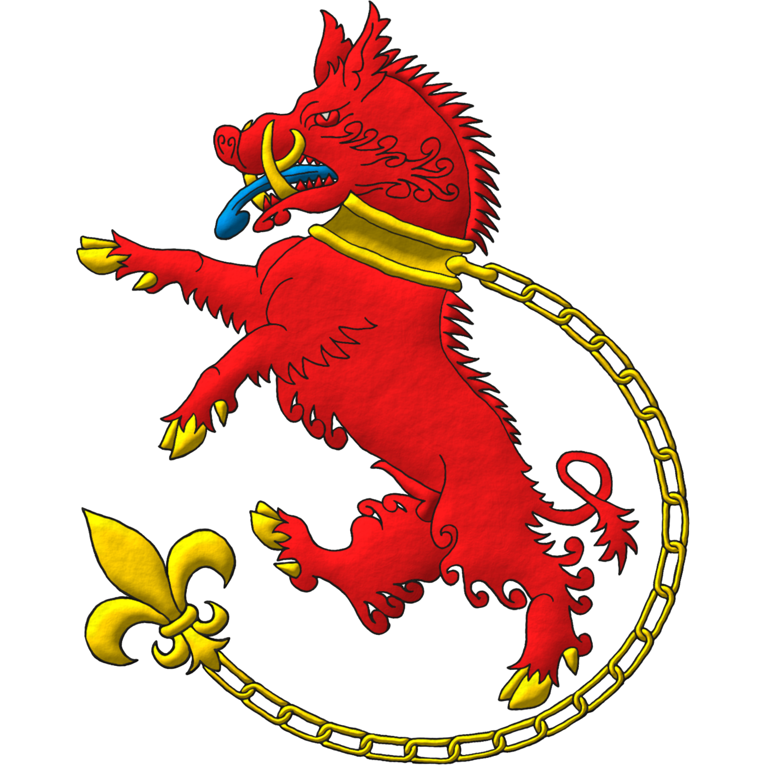 The heraldic badge of Arthur Richard Brinnhard emblazoned by me. Badge: A boar rampant Gules, langued Azure, tusked, unguled, collared and chained ending in a fleur de lis Or.