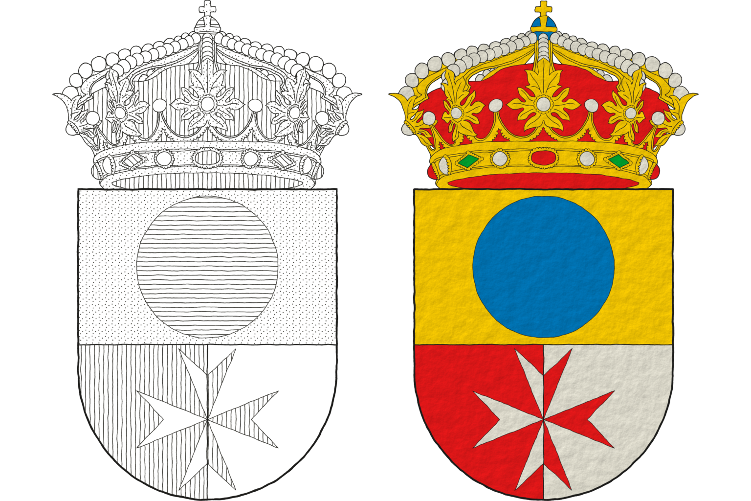 Party per fess, the base per pale: 1 Or, a hurt; 2 Gules and 3 Argent, over both a cross of Malta counterchanged. Crest: A closed royal crown.