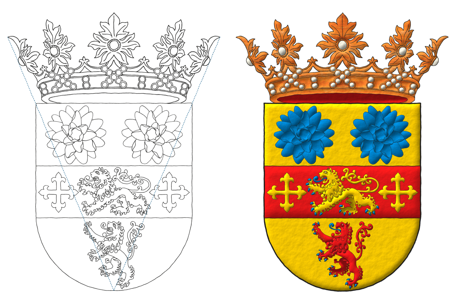 Coat of arms of Karen Cantrell emblazoned by me in 2 steps: delineation and lights and shadows. Blazon: Or, on a fess Gules, between in chief two lotus blossoms Azure, and in base a lion rampant Gules, armed and langued Azure, a lion passant Or, armed and langued Azure, between two crosses flory Or. Crest: A crown Sandal of Fetor of Kupang.