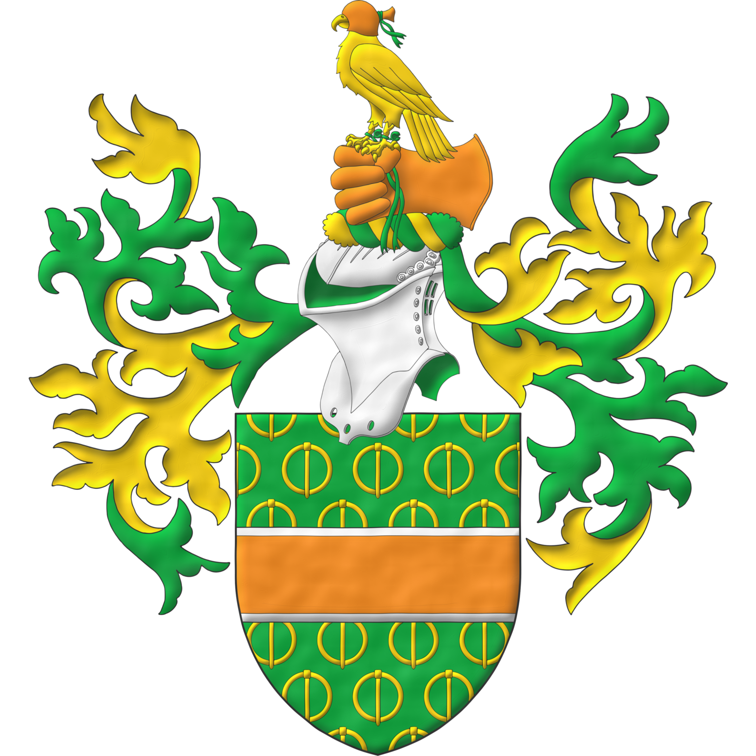 Vert semé of buckles points downward Or, a fess Tenné, fimbriated Argent. Crest: Upon a helm with a wreath Or and Vert, a glove Tenné holding a falcon Or, hooded Tenné, jessed and belled Vert. Mantling: Vert doubled Or.