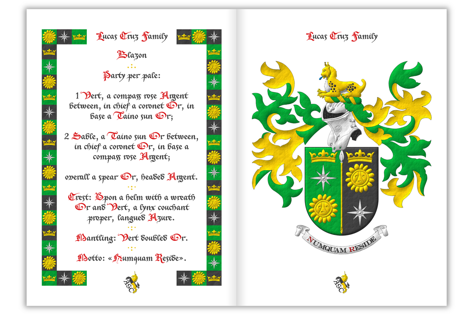 Heraldic document for the coat of arms of Lucas Cruz's family (UK, Puerto Rico, Belarus, US Army). The pages have a heraldic frame with the elements of his coat of arms. This document and all its illustrations have been emblazoned by me.