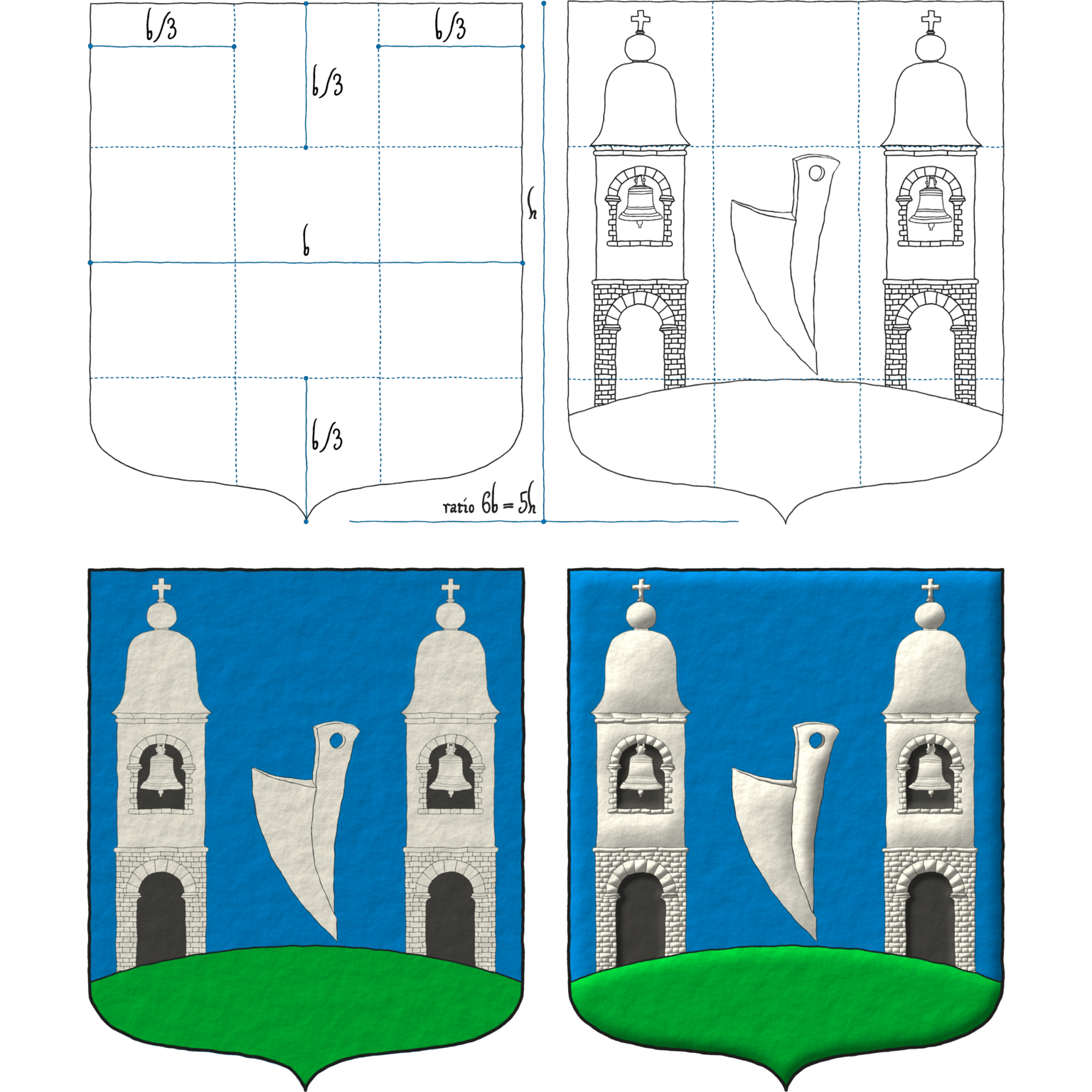 Csernely is a village in Borsod-Abaúj-Zemplén county, Hungary. The following schema shows how I emblazon its coat of arms following the rule of 1/3 of the width of the coat of arms. The official description, not the blazon, is: «...in the blue field of a shield standing on its snout two silver-coloured church towers with onion-shaped cupolas and crosses on their peaks are rising on a green hill. Between them a silver ploughshare is floating with its point upside down...». Notice the mount color Vert over a field color Azure, not uncommon in this heraldic tradition.