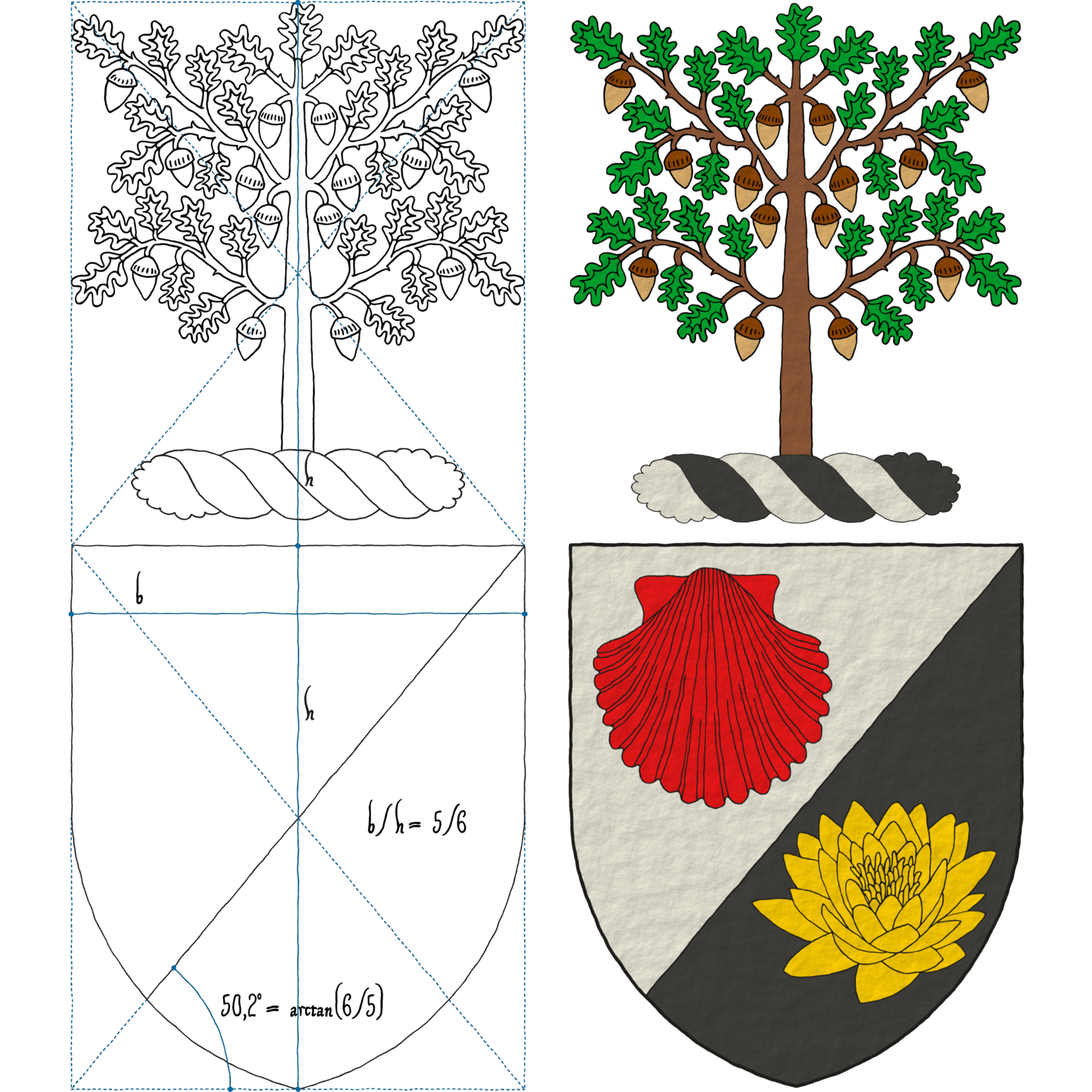 Arms of Alain Fontaine emblazoned by me in 2 steps. Blazon: Per bend sinister, Argent an escallop Gules and Sable a lotus flower Or. Crest: On a wreath Argent and Sable an oak-tree fructed proper.