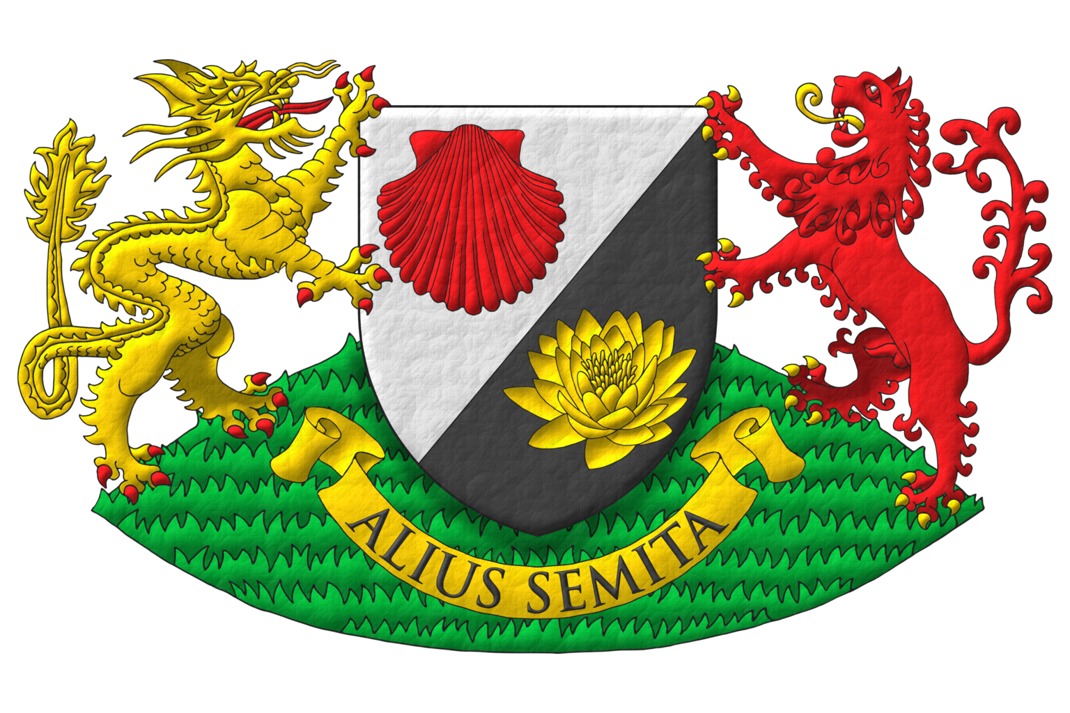 Per bend sinister, Argent an escallop Gules and Sable a lotus flower Or. Supporters: Dexter, a Chinese dragon rampant Or, armed and langued Gules; and sinister, a lion rampant Gules, armed and langued Or, terraced Vert.