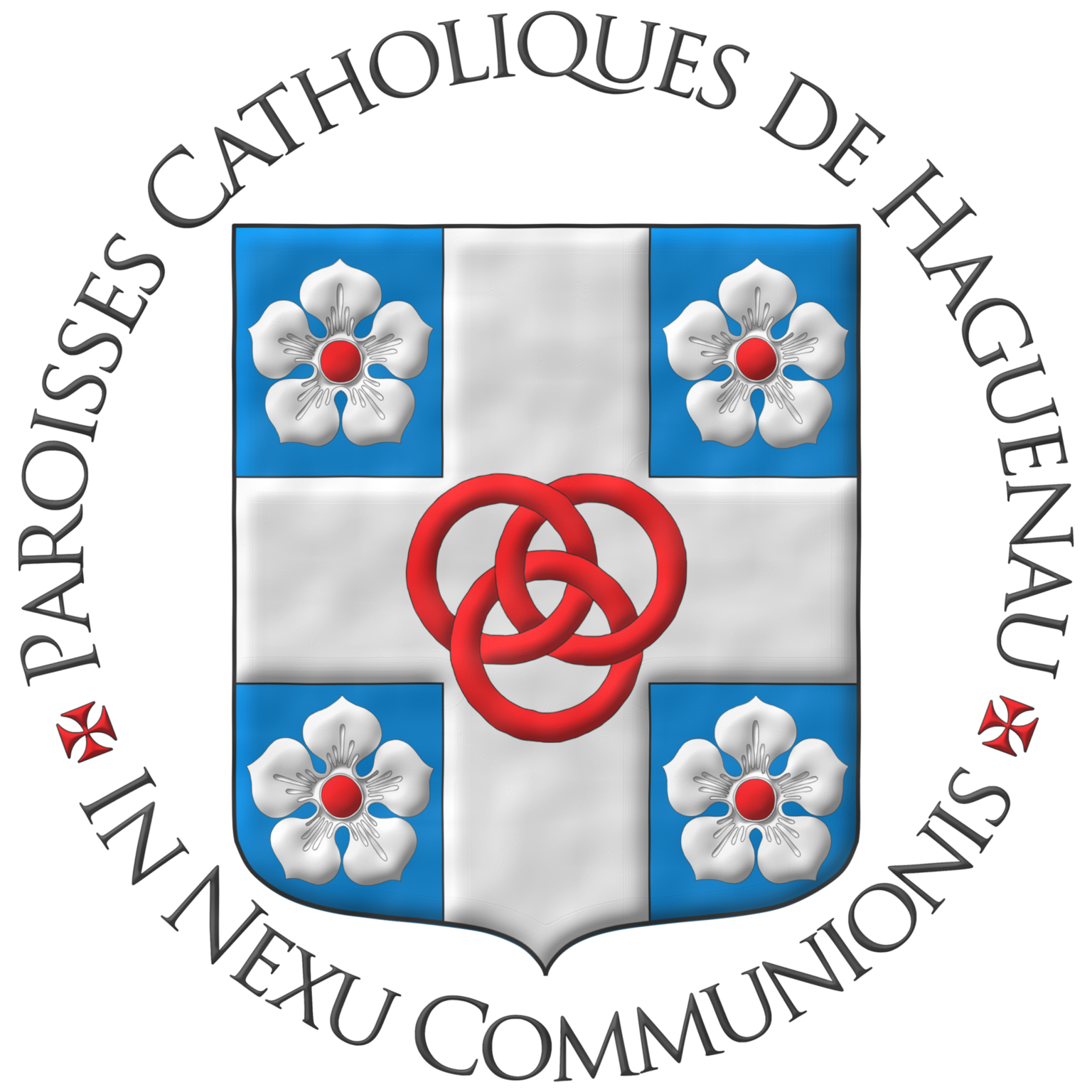 Azure, on a cross Argent, between four cinquefoils Argent, seeded Gules, three annulets interlaced Gules. Motto above the shield: «Paroisses Catholiques de Haguenau». Motto: «In Nexu Communionis».