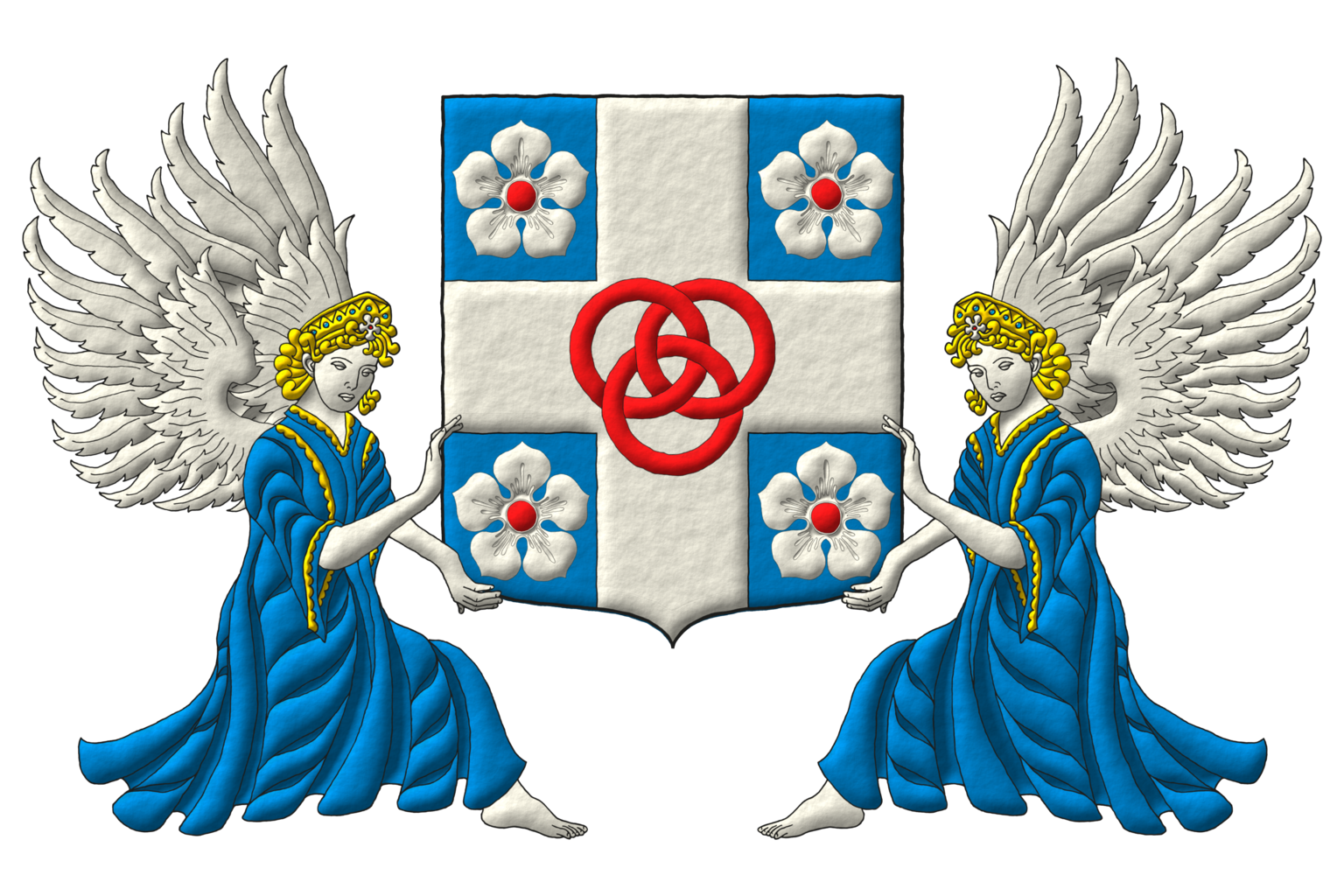 Azure, on a cross Argent, between four cinquefoils Argent, seeded Gules, three annulets interlaced Gules. Supporters: Two angels Argent, vested Azure, crined and crowned Or.