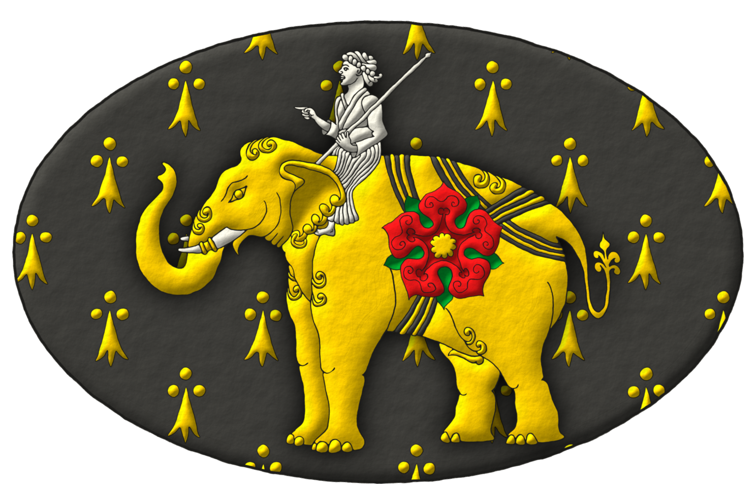 Heraldic badge of Rudolf Juchter van Bergen Quast emblazoned by me. Blazon: Upon an oval, pean an Indian elephant statant Or, armed Argent, strapped over the belly, hump and rump Sable, cottised Or, charged on his left flank with a rose Gules, barbed Vert, seeded Or; seated on his neck a mahout, in his sinister hand a stick in bend sinister Argent.