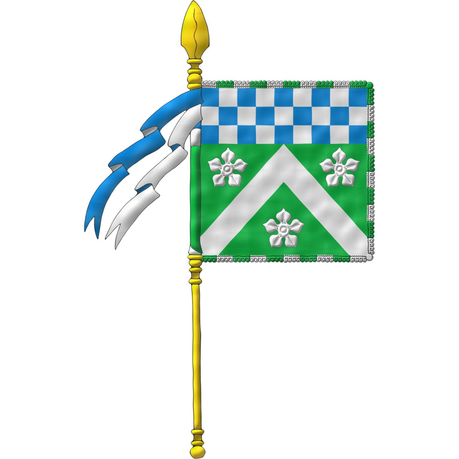 The banner of arms of Rhys Lochead emblazoned by me. Blazon: Vert, a chevron between three cinquefoils Argent; a chief chequey Azure and Argent.