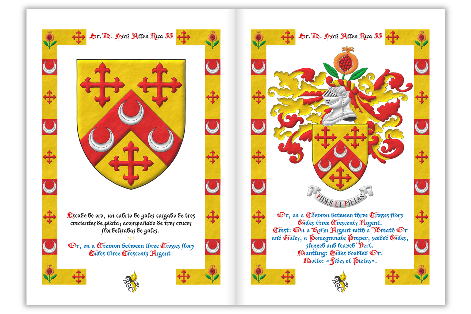 2 pages of the heraldic document of Nick Allen Rica II with his coat of arms emblazoned by me. The pages have a heraldic frame with the elements of his coat of arms.