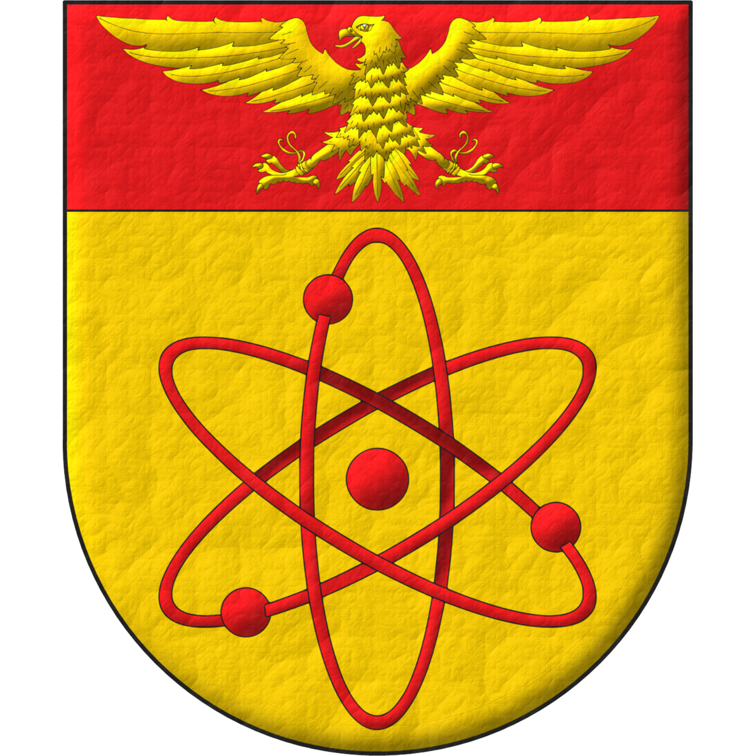 Or, an atom triple-orbited Gules; on a chief Gules, a falcon displayed and jessed Or.