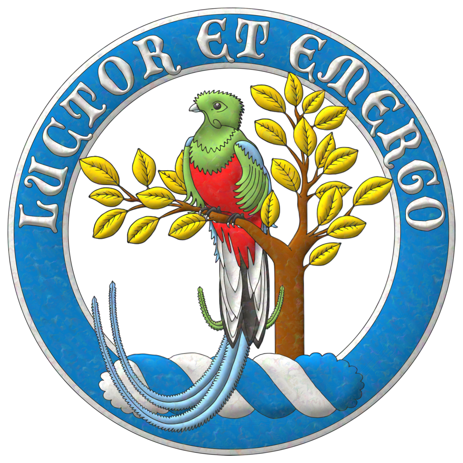 This is the heraldic badge of Antonio Ruiz Porras designed by him and emblazoned by me. Blazon:  Upon a wreath Argent and Azure a quetzal perched in a tree branch Proper, leaved Or, surrounded by an annulet Azure, fimbriated and inscribed in chief with the motto «Luctor et Emergo» Argent.