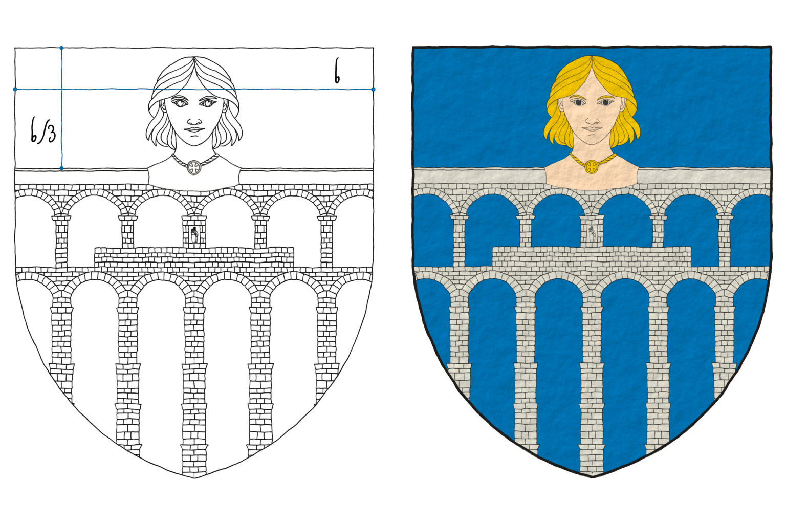 Coat of arms of the municipality of Segovia, Castile and Leon. The image shows in 2 steps how I emblazoned it. Blazon: Azure, an aqueduct Argent, masoned sable ensigned with a maiden's head proper.