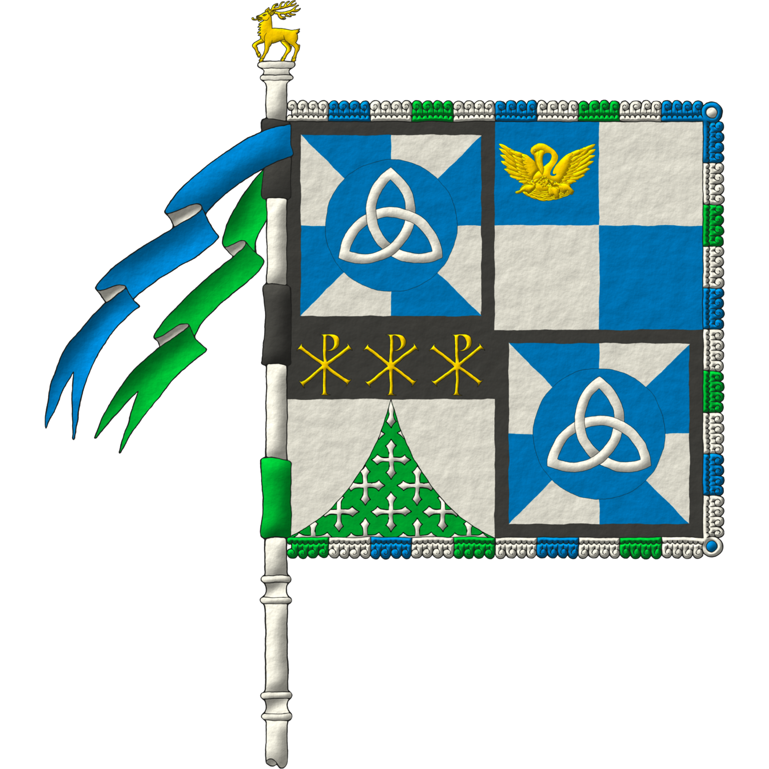 The banner of arms of Scott Harlan Severson designed by Kimberly Louise Severson and emblazoned by me. Blazon: Quarterly: 1 and 4 gyronny Azure and Argent, on a hurt, a triquetra Argent; a bordure Sable; 2, quarterly Azure and Argent, in the 1st quarter, a pelican in her piety Or; 3 Argent chapé ployé Vert semé of crosses clechy Argent, on a chief Sable, three Chi Rho symbols Or.