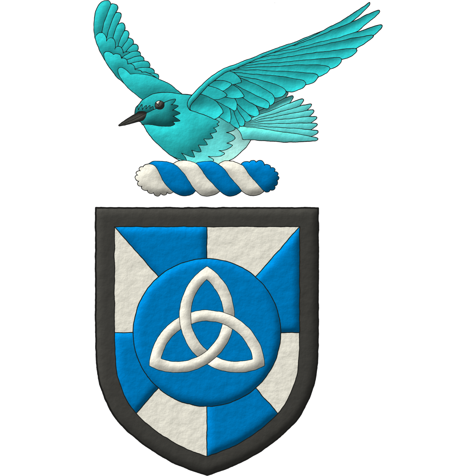 Gyronny Azure and Argent, on a hurt, a triquetra Argent; a bordure Sable. Crest: Upon a wreath Argent and Azure, a mountain bluebird (Sialia currucoides) volant proper.