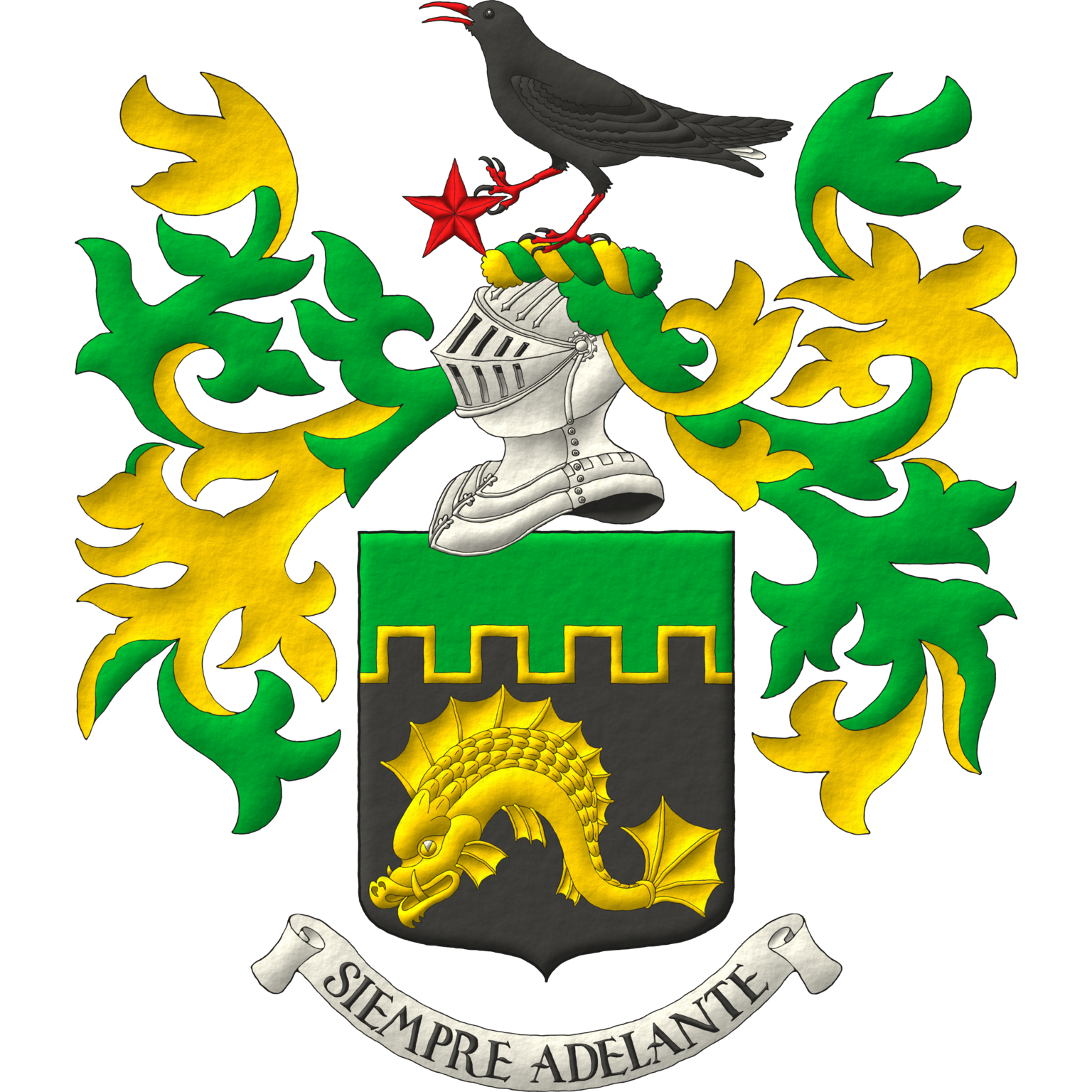 Sable, a dolphin naiant Or; a chief embattled Vert, fimbriated Or. Crest: Upon a helm with a wreath Or and Vert, a cornish chough speaking proper, his dexter foot grasping the point of a mullet Gules. Mantling: Vert doubled Or. Motto: «Siempre Adelante».