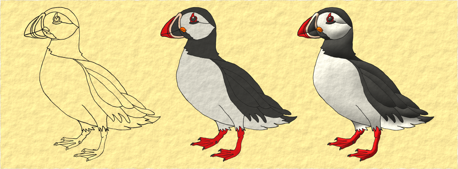 How I paint a puffin in 3 steps to draw, colors and metals, and lights and shadows. I did it for the puffins of the coat of arms of Ralf Hartemink. Blazon: Or, three puffins proper.