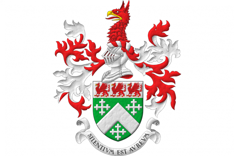 Vert, a chevron between three cross-crosslets; on a chief Argent, three griffins statant Gules, beaked and armed Or. Crest: Upon a helm with a wreath Argent and Gules, a griffin's head couped Gules, beaked Or. Mantling: Gules doubled Argent. Motto: «Silentium est aureum».