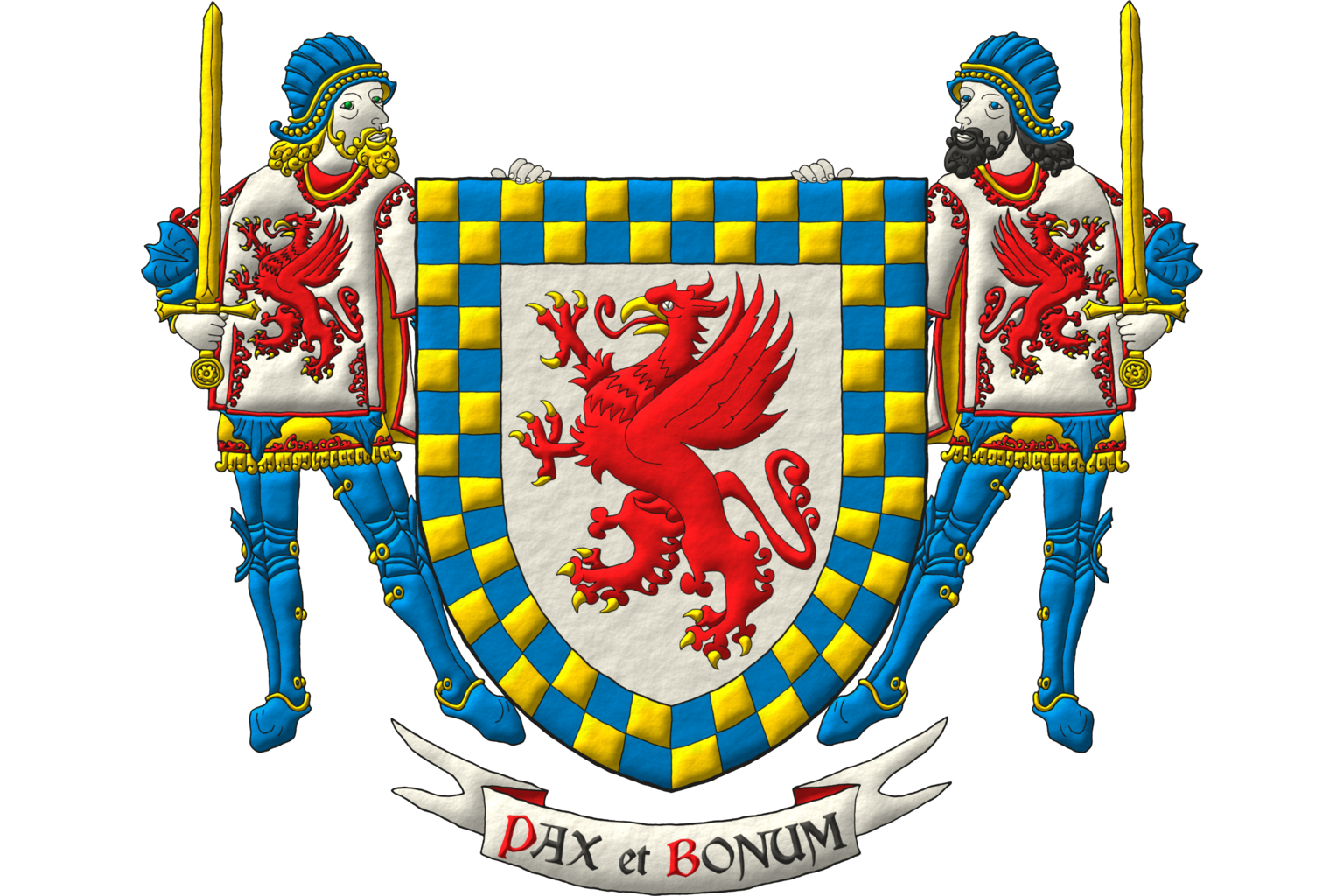 Blazon: Argent, a griffin segreant Gules, armed and beaked Or; a bordure compony counter-compony Or and Azure. Supporters: two knights Argent, armored Azure and Or, vested with tabards Argent charged with a griffins  segreant Gules, the dexter, crined and bearded Or, the eyes Vert, grasping in his dexter hand a sword point upwards Or, the sinister, crined and bearded Sable, the eyes Azure, grasping in his sinister hand a sword point upwards Or. Motto: «Pax et Bonum».