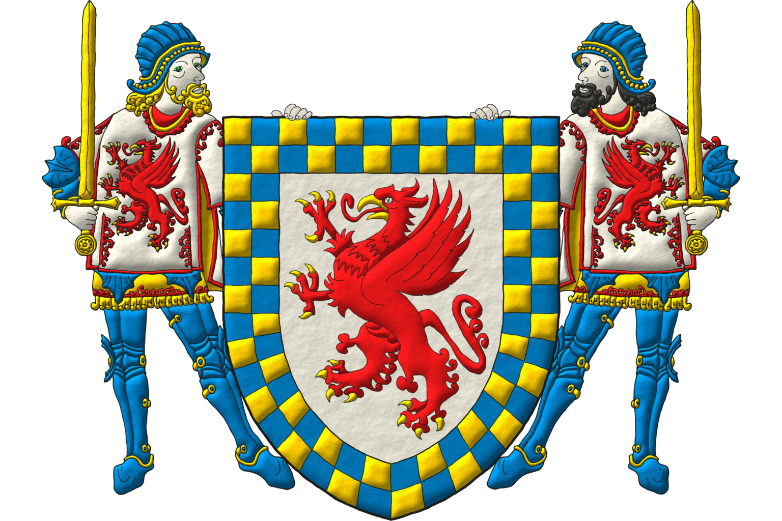 Argent, a griffin segreant Gules, armed and beaked Or; a bordure compony counter-compony Or and Azure. Supporters: two knights Argent, armored Azure and Or, vested with tabards Argent charged with a griffins  segreant Gules, the dexter, crined and bearded Or, the eyes Vert, grasping in his dexter hand a sword point upwards Or, the sinister, crined and bearded Sable, the eyes Azure, grasping in his sinister hand a sword point upwards Or.