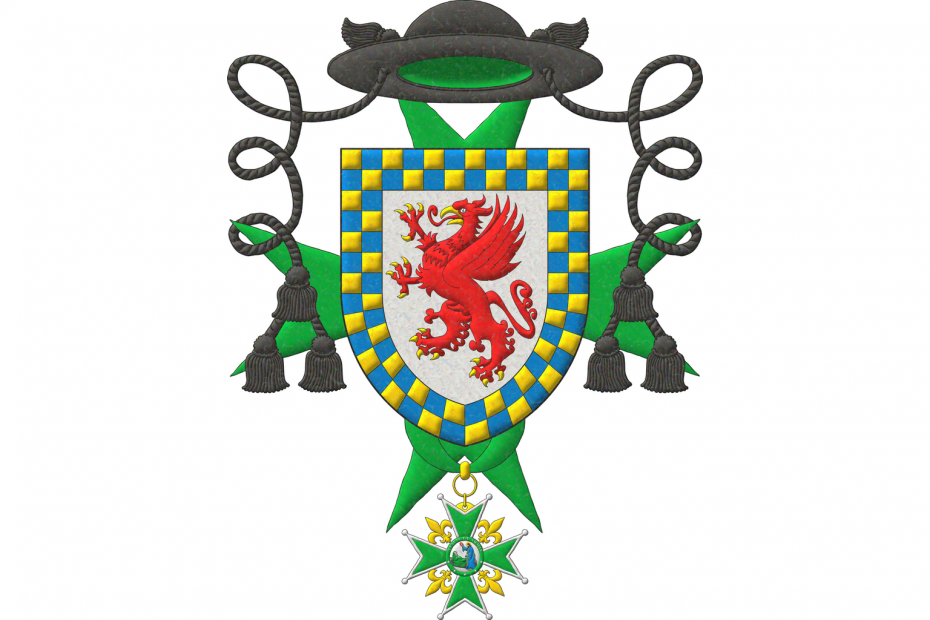 Argent, a griffin segreant Gules, armed and beaked Or; a bordure compony counter-compony Or and Azure. Crest: A galero with the rank of Episcopal Vicar with two cords, one on each side, each with three tassels, 1 and 2, Sable. Behind the shield the cross and suspended from the shield the insignia both of the Military and Hospitaller Order of Saint Lazarus of Jerusalem.