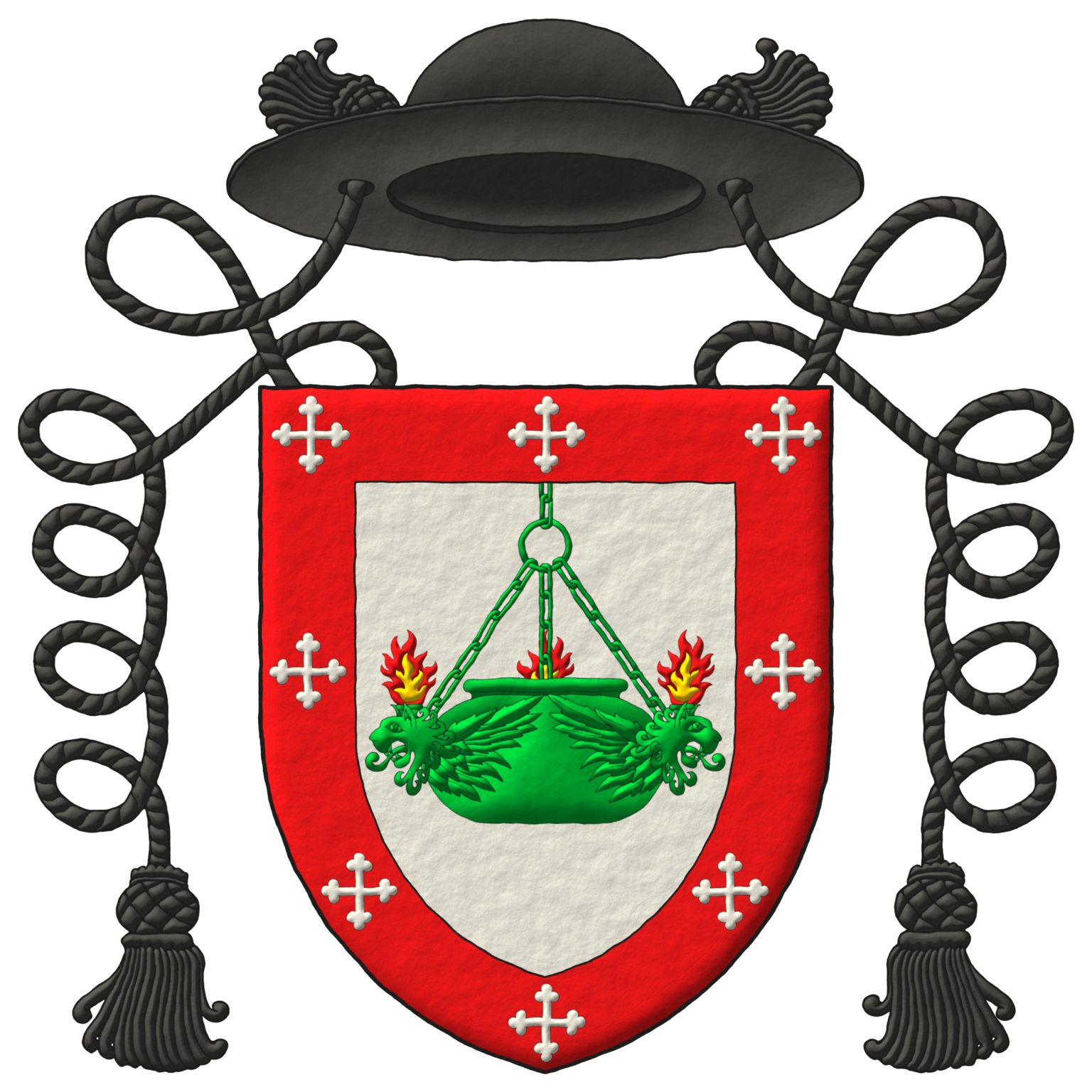 Argent, a suspended lamp of three lions' heads erased and winged Vert, two heads visible, enflamed proper, a bordure Gules, charged with eight crosses bottony Argent. Crest: A galero with two cords, one on each side, each with a tassel Sable.