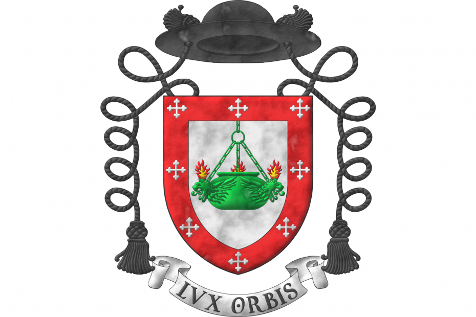 Argent, a suspended lamp of three lions' heads erased and winged Vert, two heads visible, enflamed Proper, a bordure Gules, charged with eight crosses bottony Argent. Crest: A galero with two cords, one on each side, each with a tassel Sable. Motto «Lux Orbis».