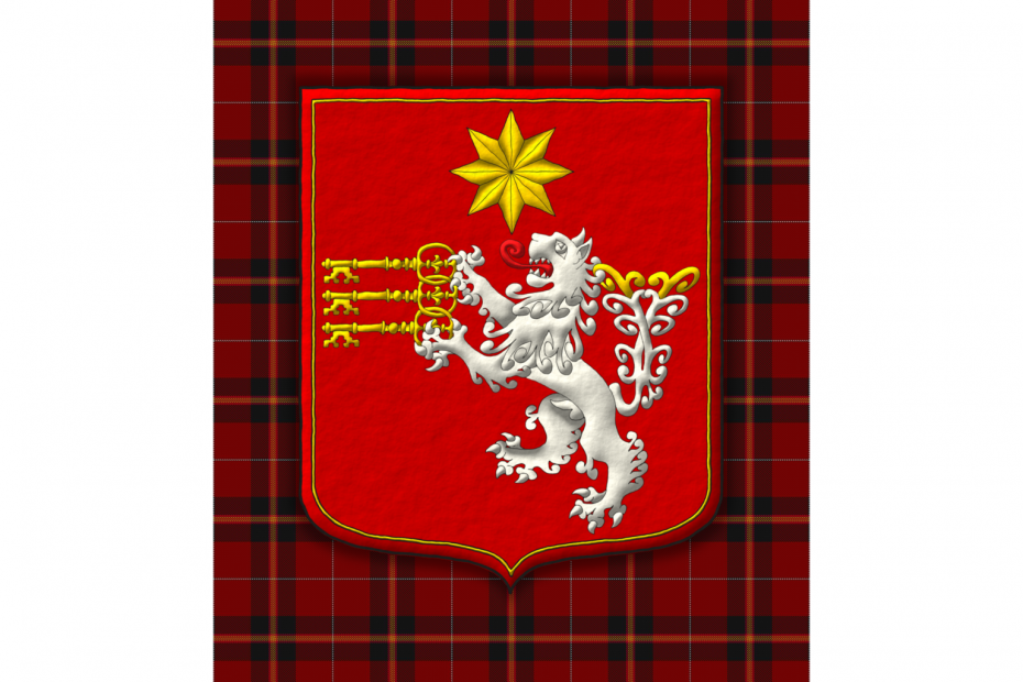Sanguine, a lion rampant, double queued Argent, tufted Or and langued Gules holding in its paws by the bows three keys fesswise bows interlaced wards to dexter facing downwards Or, in chief a mullet of eight points Or; all within a tressure Or.