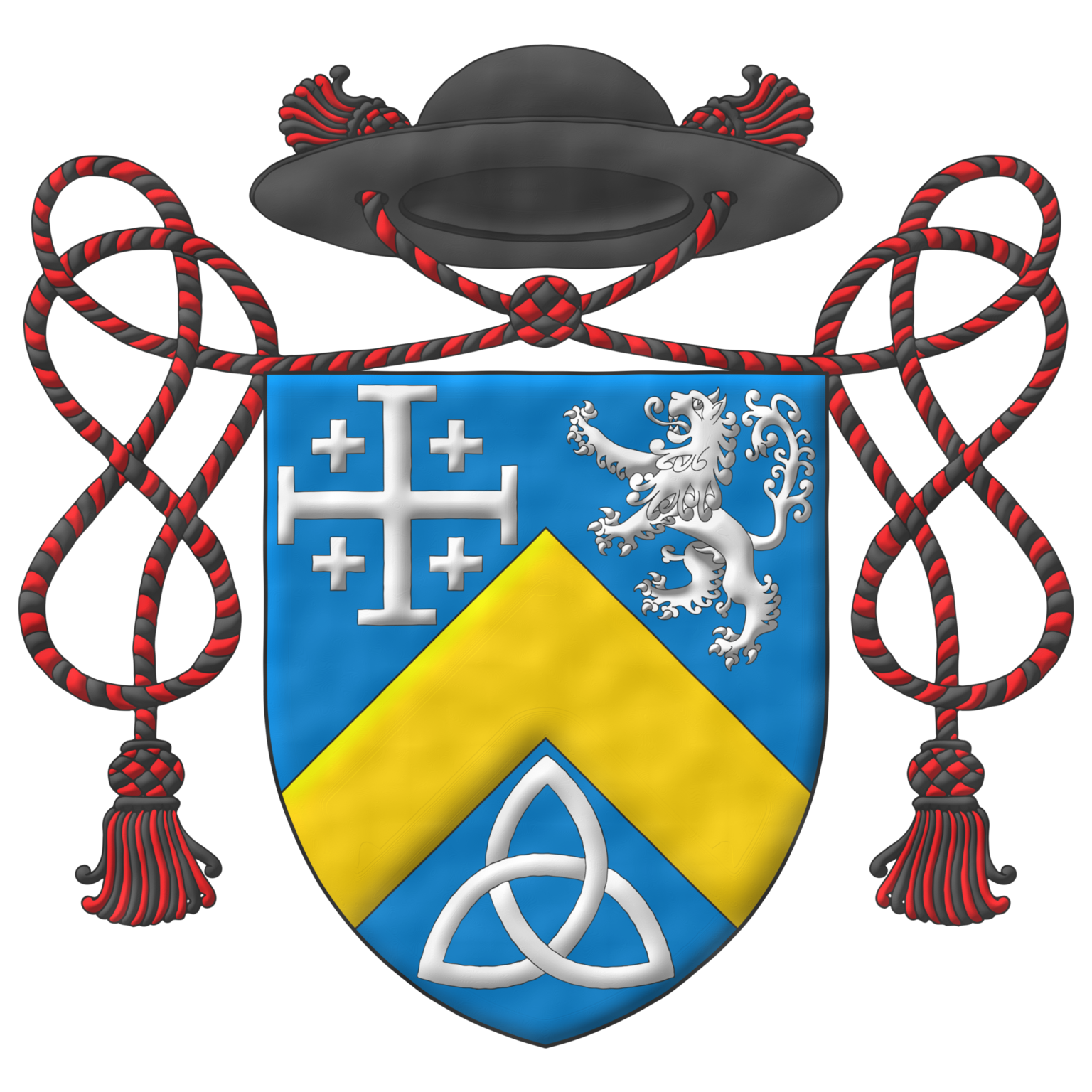 Azure, a chevron Or between in chief a cross potent cantoned of crosslets and a lion rampant, and in base a Celtic Trinity knot Argent. Crest: A galero of an Episcopal Priest Sable with two cords, one on each side, each with one tassel Gules and Sable.