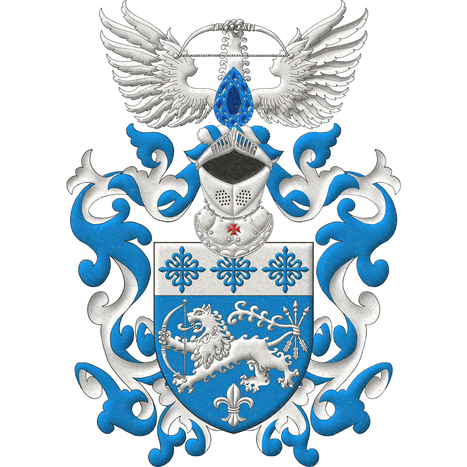 Azure, a lion passant, holding in its dexter paw a bow, and its tail nowed about three arrows points upward, in base a fleur de lis Argent; on a chief Argent, three crosses flory Azure. Crest: Upon a helm affronty, with a wreath Argent and Azure, and issuant from a pear-shaped sapphire proper, a lion's jamb palewise supporting a bow fesswise between a pair of wings Argent. Mantling: Azure doubled Argent.