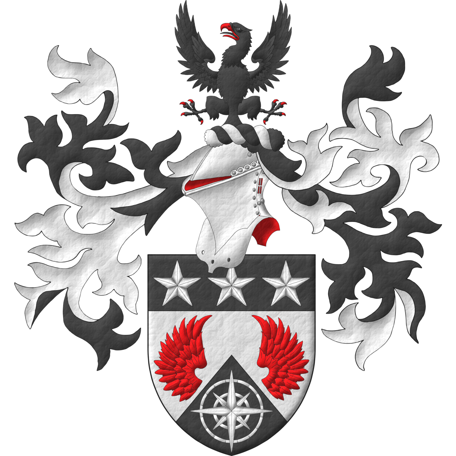 Party per chevron Argent and Sable, two wings Gules, in base a compass rose Argent; on a chief Sable, three mullets Argent. Crest: Upon a helm with a wreath Argent and Sable, an eagle displayed Sable, armed and beaked Gules. Mantling: Sable doubled Argent.