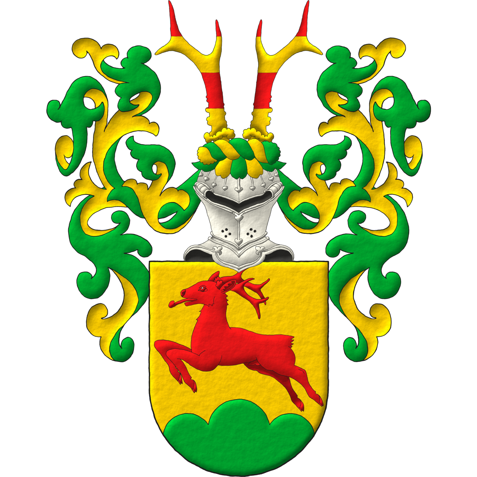 Or, a roe deer salient Gules, in base a trimount Vert. Crest: Upon a helm affronty, with a wreath Or and Vert, two roe deers' attires barry of four Gules and Or. Mantling: Vert doubled Or.