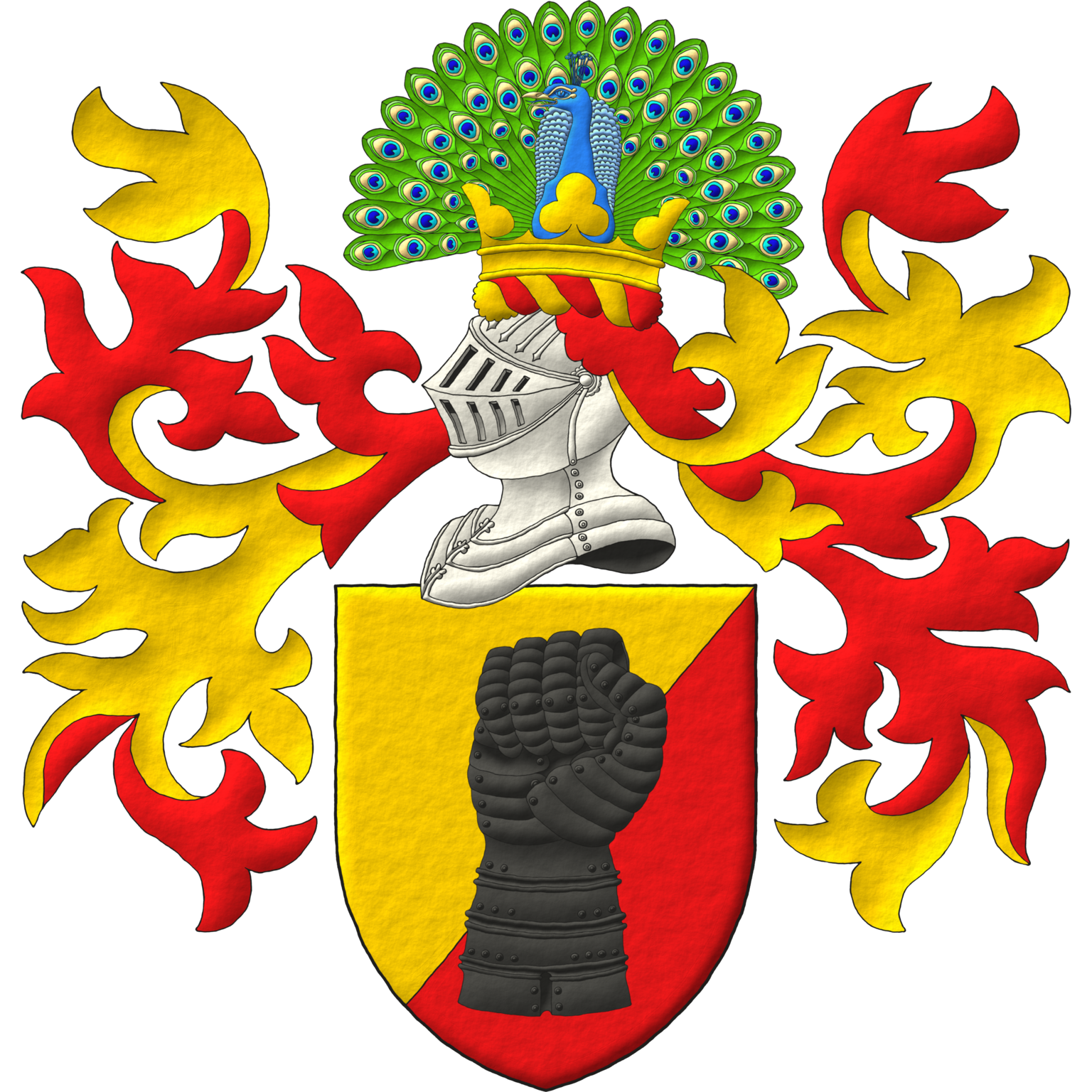 Party per bend sinister Or and Gules, a Clenched gauntlet Sable. Crest: Upon a helm with a wreath Or and Gules, a peacock in his splendour proper on a coronet trefoiled Or. Mantling: Gules doubled Or.