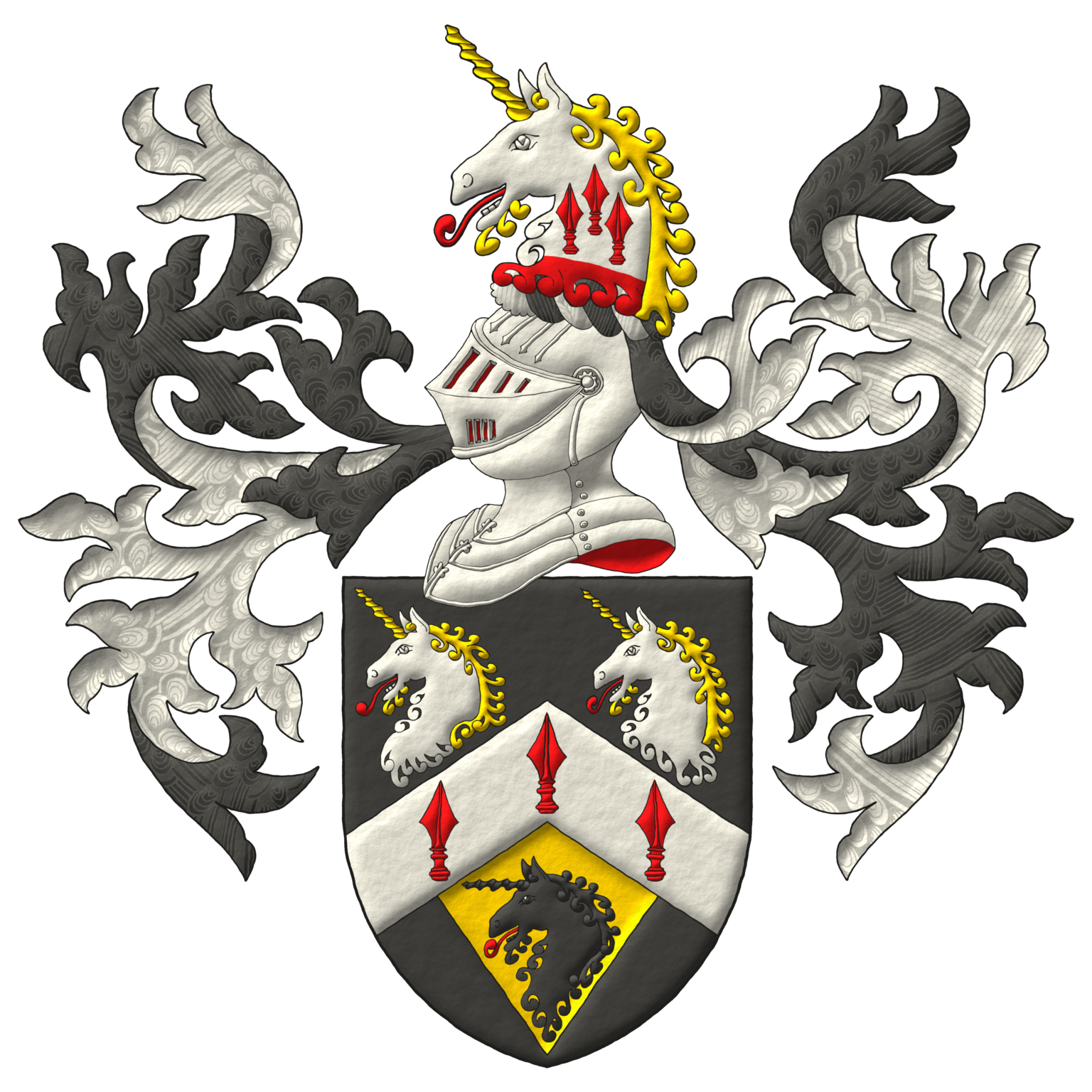 Sable, on a chevron Argent three spears' heads Gules, in chief two unicorns' heads erased Argent, horned and crined Or, langued Gules, in base on a pile of the last issuant from the chevron a unicorn head erased Sable, langued Gules. Crest: Upon a helm with a wreath Argent and Sable, a unicorn's head Argent, erased Gules, horned and crined Or, langued Gules, charged upon the neck with three spears' heads cheveronwise Gules. Mantling: Sable doubled Argent.