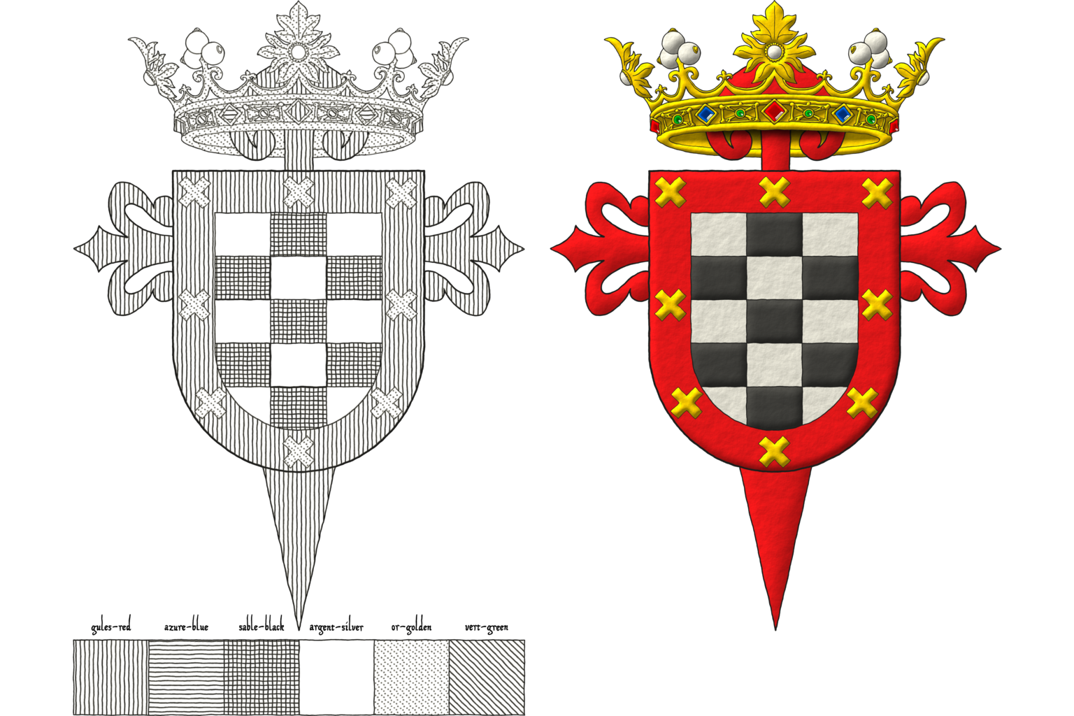 Chequey of fifteen Argent and Sable; on a bordure Gules, eight Saltires couped Or. Crest: A crown of Marquise. Behind the shield the cross of the Order of Saint James