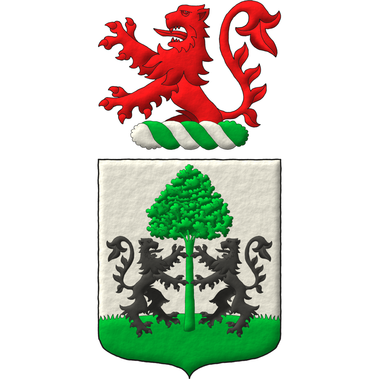 Argent, on a terrace in base a tree Vert between two lions Sable steep on it. Crest: On a wreath Argent and Vert, a demi-lion Gules.