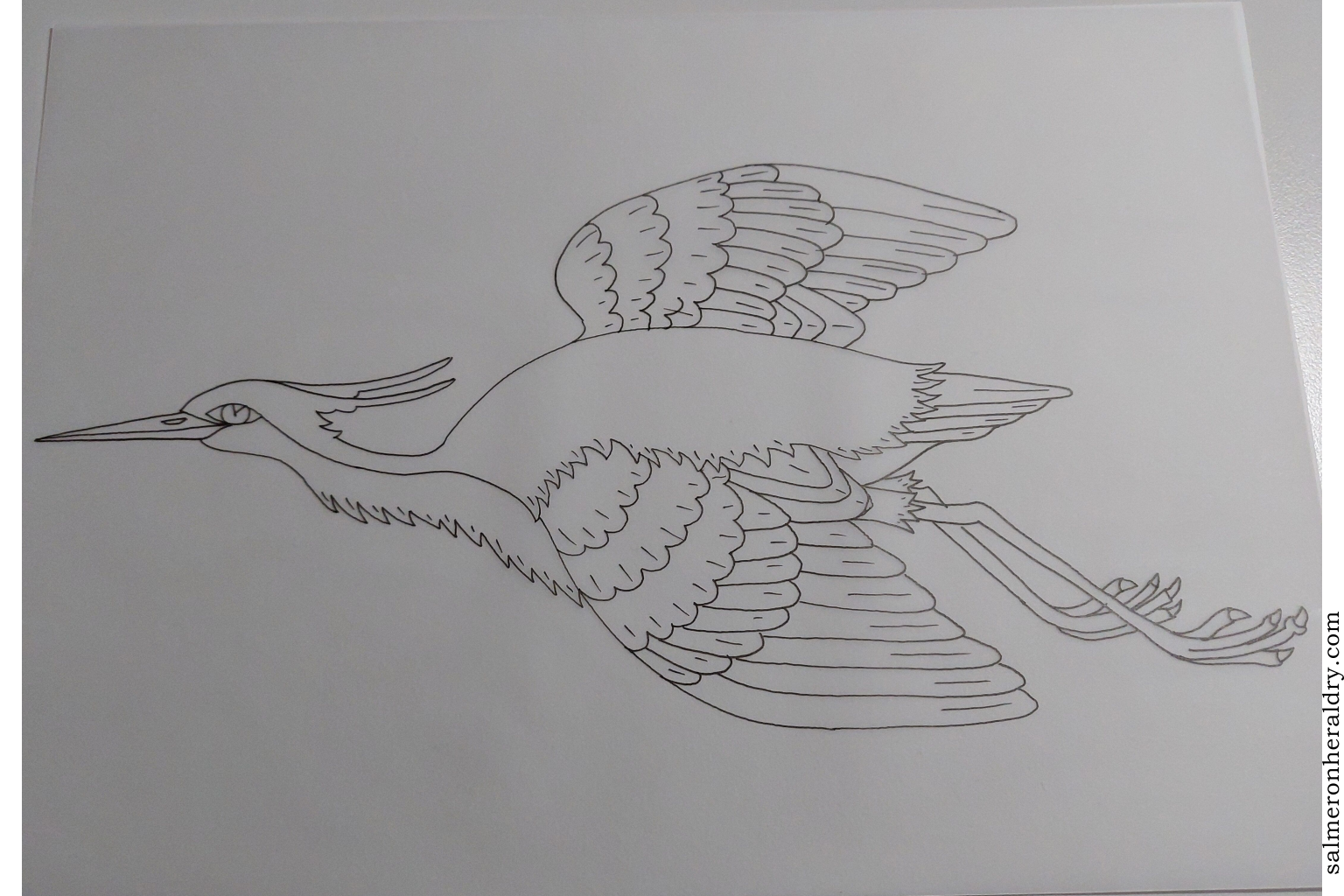 A heron volant drew by me for the canting arms of Paul and Kari Herndon's family.