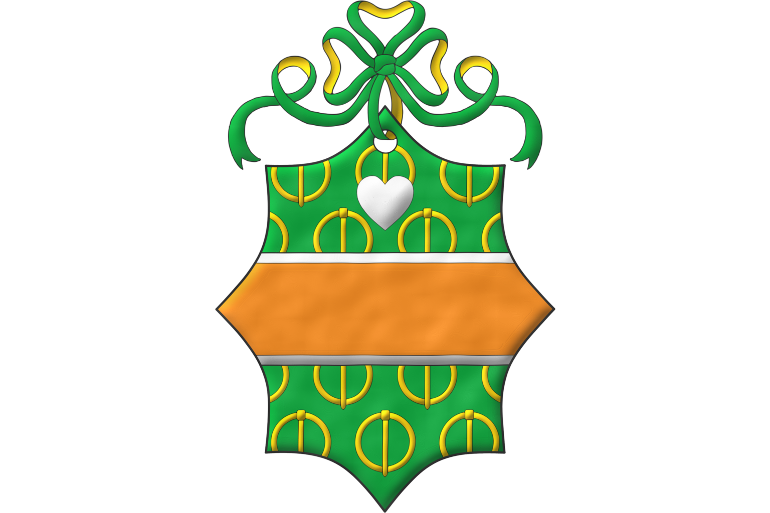 Vert semé of buckles points downward Or, a fess Tenné, fimbriated Argent; a heart Argent for difference. Crest: A ribbon Vert doubled Or.