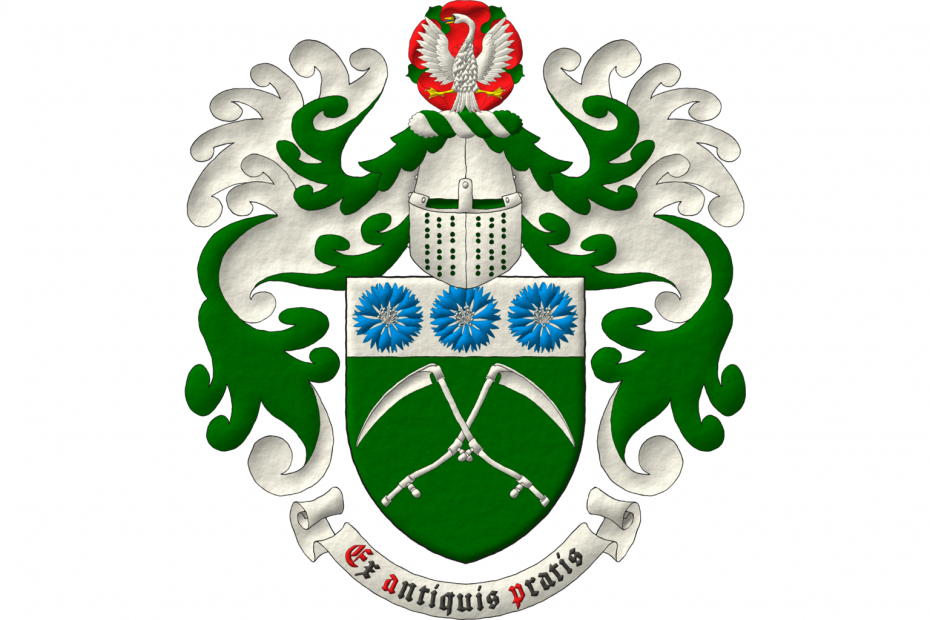Vert, two scythes in saltire Argent; on a chief Argent, three cornflowers Azure, seeded Argent. Crest: Upon a helm affronty, with a wreath Argent and Vert, a swan displayed proper in front of a rose Gules, barbed Vert. Mantling: Vert doubled Argent. Motto: «Ex antiquis pratis».