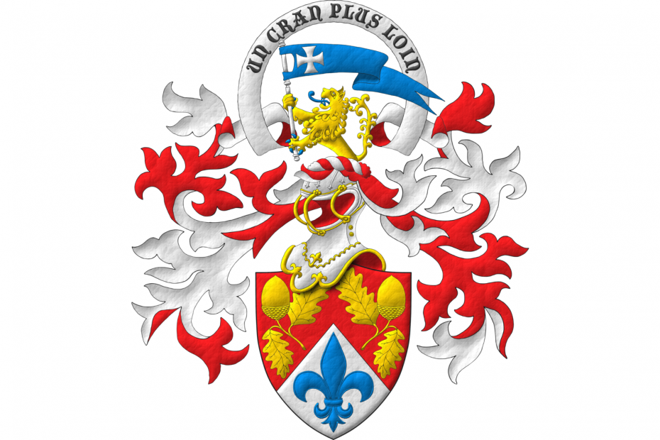 Party per chevron Gules and Argent, two acorns slipped Or and in base a fleur de lis Azure. Crest: Upon a helm befitting his degree, with a wreath Or and Sable, a demi-lion rampant Or, armed and langued Azure, holding in its paws a swallow-tailed pennon Azure, charged with a cross patty Argent. Mantling: Gules doubled Argent. Motto above the crest: «Un cran plus loin».