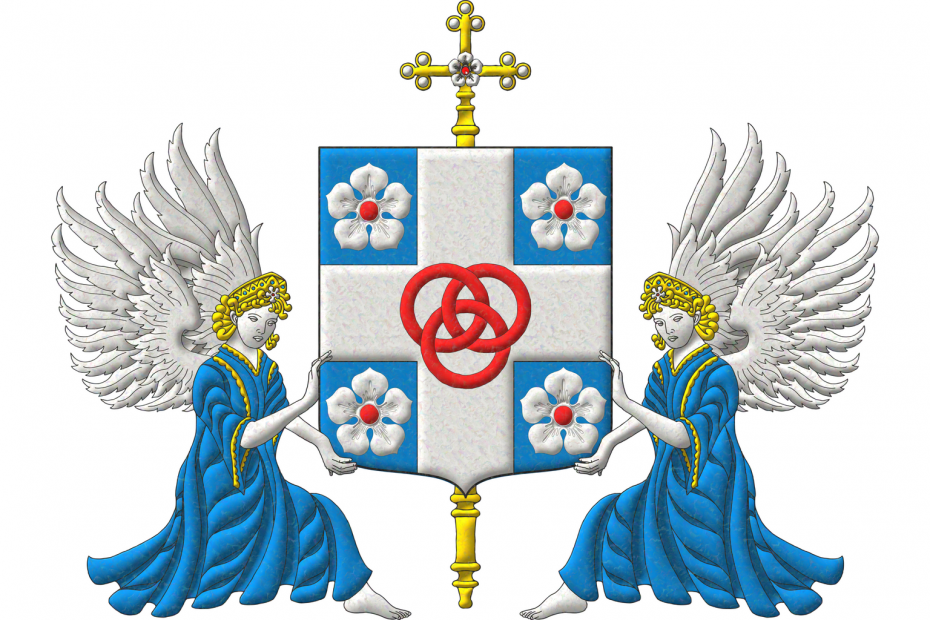Azure, on a cross Argent, between four cinquefoils Argent, seeded Gules, three annulets interlaced Gules. Behind the shield a crossed staff proper. Supporters: Two angels Argent, vested Azure, crined and crowned Or.
