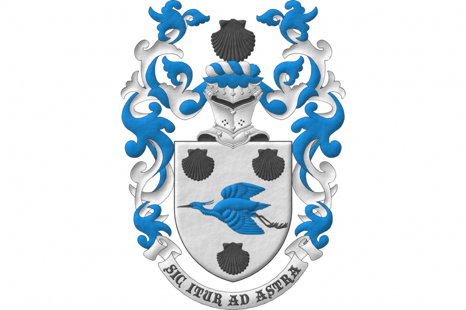 Argent, a heron volant Azure, beaked and membered between three escallops Sable. Crest: Upon a helm with a wreath Argent and Azure, an escallop Sable. Mantling: Azure doubled Argent. Motto: «Sic itur ad astra».