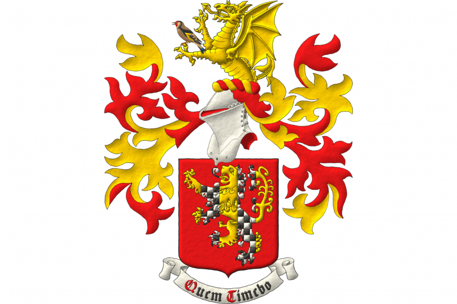 Gules, a lion rampant Or, charged with a pallet gemel chequey Argent and Sable. Crest: Upon a helm with a wreath Or and Gules, a demi-dragon Or, supporting with its sinister a goldfinch speaking Proper. Mantling: Gules doubled Or. Motto: «Quem Timebo» depicted as Sable with initial letters Gules over a scroll Argent.