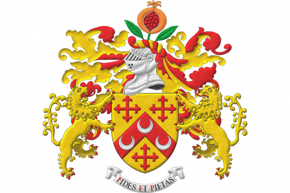 Or, on a chevron between three crosses flory Gules three crescents Argent. Crest: Upon a helm with a wreath Or and Gules, a pomegranate slipped and leaved proper. Mantling: Gules doubled Or. Supporters: Two lions rampant Or, langued and armed Gules. Motto: «Fides et Pietas» Sable, with initial letters Gules, over a scroll Argent.