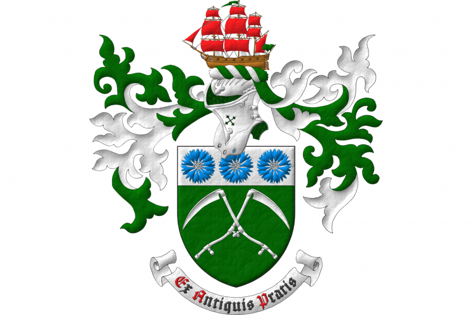Vert, two scythes in saltire Argent; on a chief Argent, three cornflowers Azure, seeded Argent. Crest: Upon a helm with a wreath Argent and Vert, a full-rigged ship proper, under full sail Gules, and pennants flying Vert. Mantling: Vert doubled Argent. Motto: «Ex antiquis pratis».