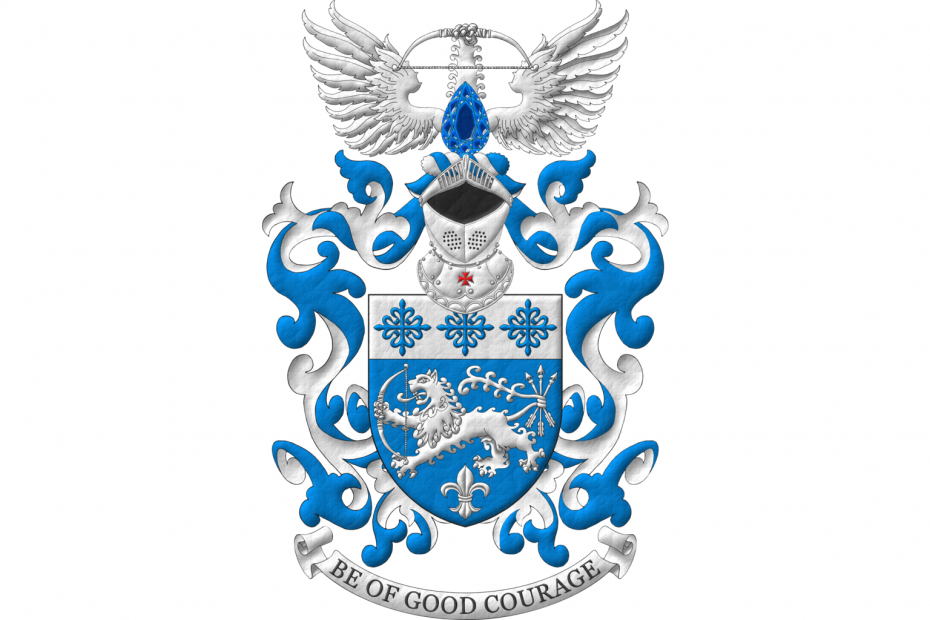 Azure, a lion passant, holding in its dexter paw a bow, and its tail nowed about three arrows points upward, in base a fleur de lis Argent; on a chief Argent, three crosses flory Azure. Crest: Upon a helm affronty, with a wreath Argent and Azure, and issuant from a pear-shaped sapphire proper, a lion's jamb palewise supporting a bow fesswise between a pair of wings Argent. Mantling: Azure doubled Argent. Motto: «Be of good courage»