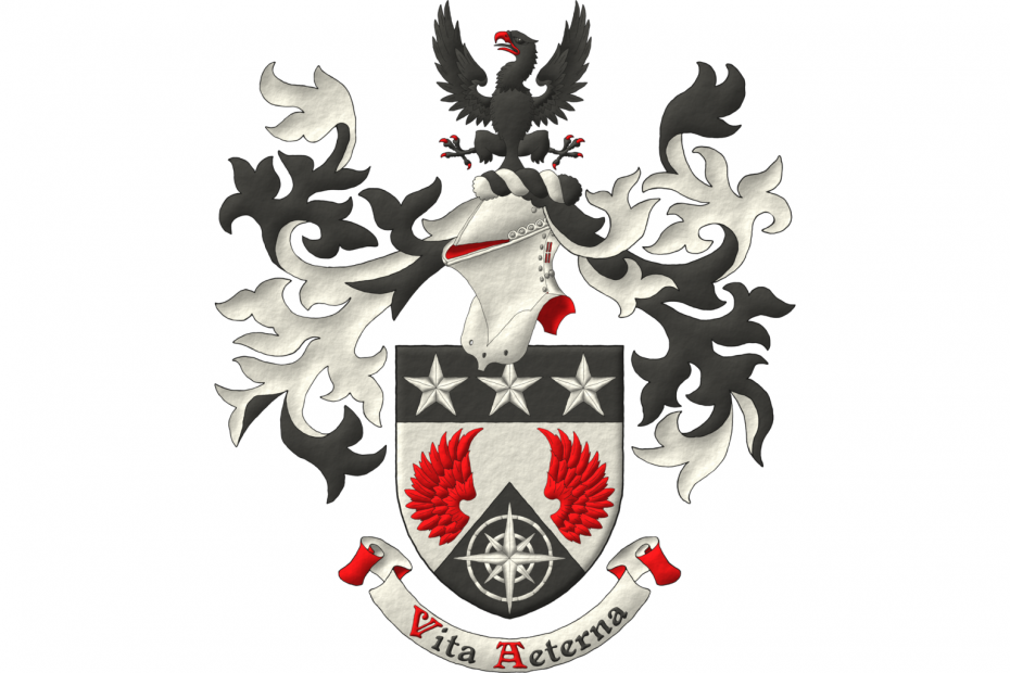 Party per chevron Argent and Sable, two wings Gules, in base a compass rose Argent; on a chief Sable, three mullets Argent. Crest: Upon a helm with a wreath Argent and Sable, an eagle displayed Sable, armed and beaked Gules. Mantling: Sable doubled Argent. Motto: «Vitam Aeternam» Sable, with initial letters Gules, over a scroll Argent, doubled Gules.